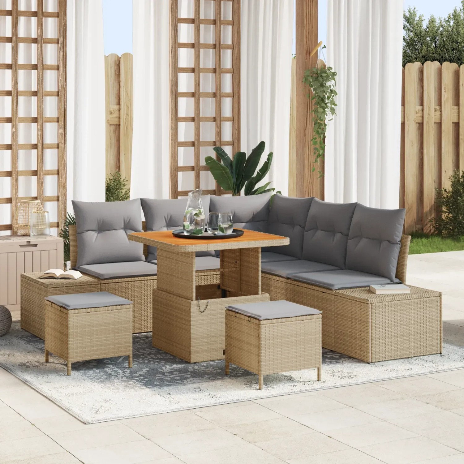 Beiges 8-tlg. vidaXL Garten-Sofa-Set aus Poly Rattan mit Tisch und Hockern.
