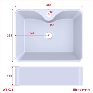 Weißes, rechteckiges Aquabatos Aufsatzwaschbecken aus Keramik, Ansicht von oben und Seite mit Maßangaben.