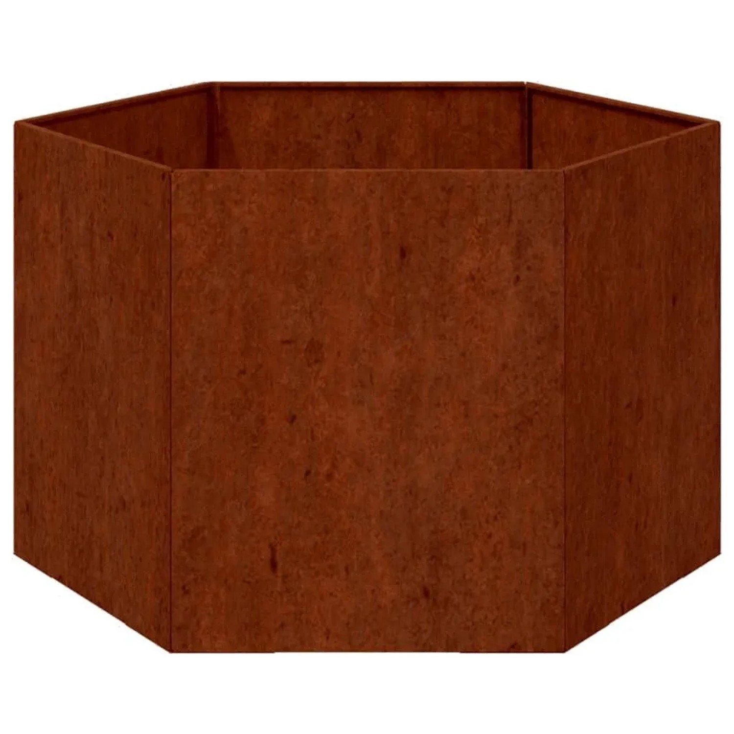 Hexagonaler Pflanzkübel aus rostigem Cortenstahl, 60x60x45 cm. Robuster Pflanztopf für Garten & Terrasse.