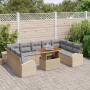 Beiges 10-teiliges Garten-Sofa-Set aus Poly Rattan mit Tisch und grauen Kissen.