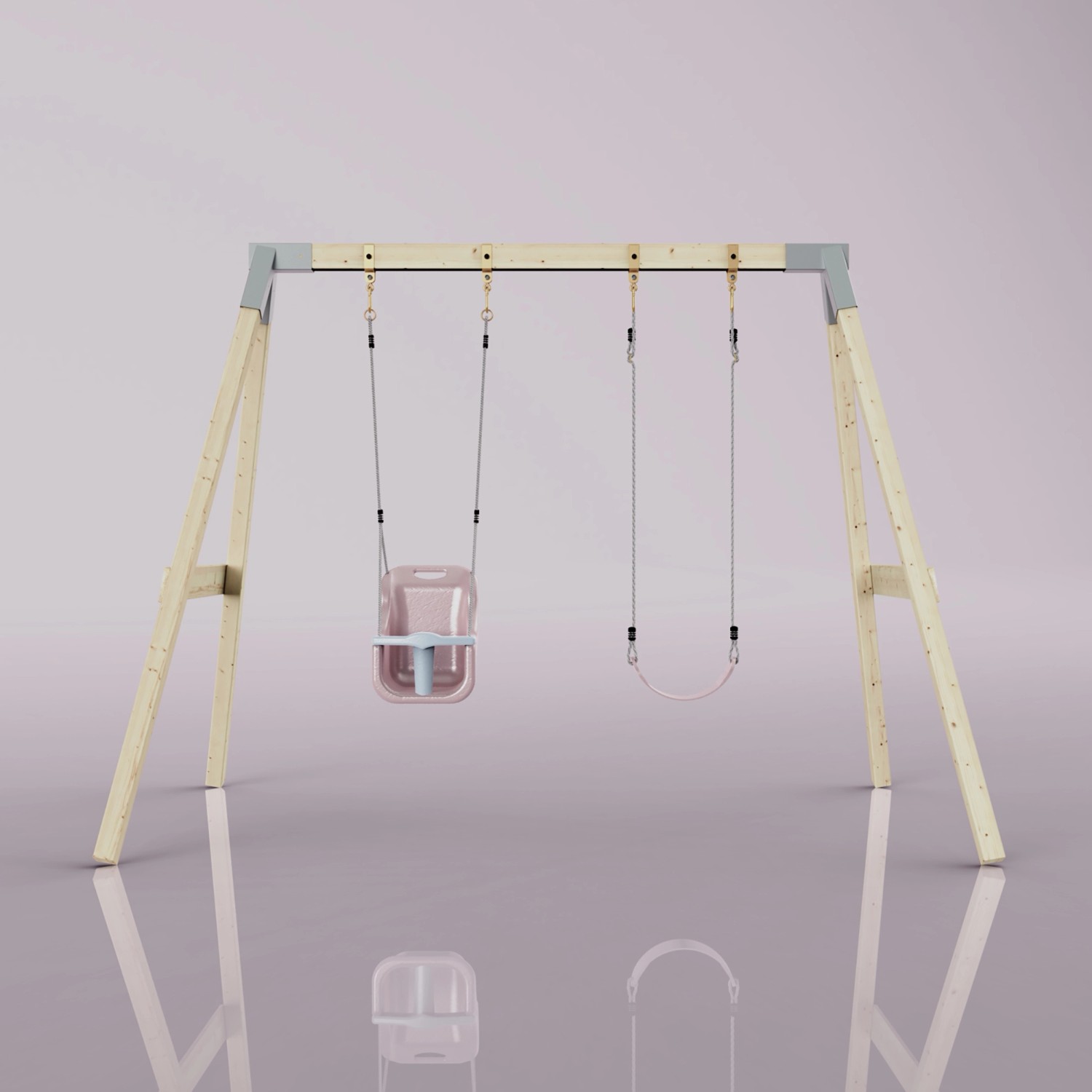 PolarPlay Schaukel Papagei in Altrosa mit Holzgestell und zwei Schaukeln.