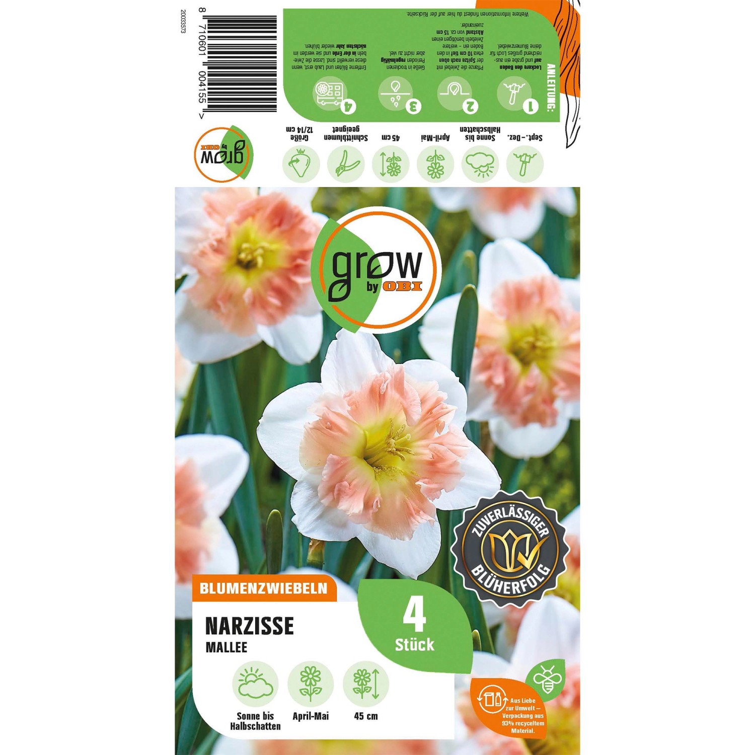 Narzisse 'Mallee' rosa-weiß, 4 Stück: Blumenzwiebeln für den Garten oder Balkon.