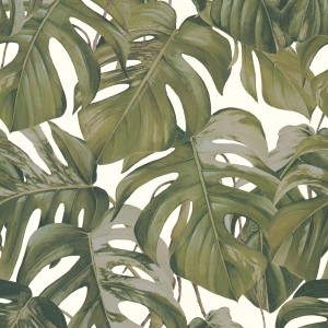 Michalsky Living Tapete mit grün-weißen Monstera Blättern, moderne Dekorative Tapete.