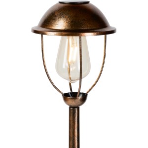Runde LED-Solar-Wegeleuchte im Vintage-Look mit Erdspieß. Kupferfarbene Laterne für den Garten.