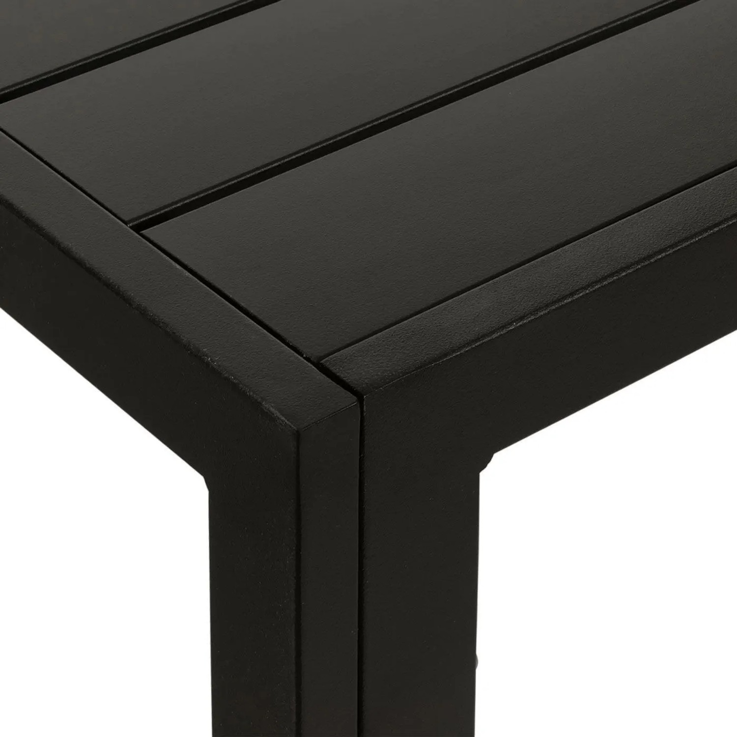 Detail des anthrazitfarbenen Alu-Esstisches N40. Pulverbeschichtete Aluminium-Tischplatte mit Lamellen und stabiles Gestell.