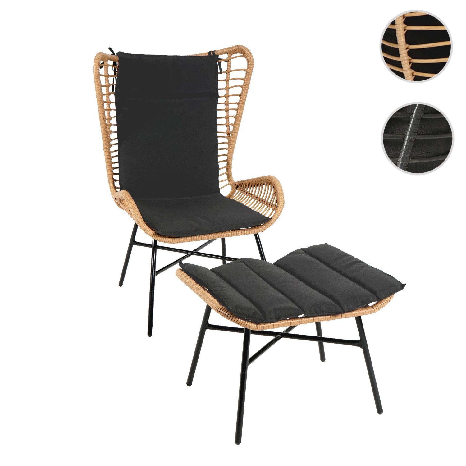 2-teiliges Poly-Rattan Lounge-Set: Sessel mit Hocker und anthrazitfarbenen Kissen.