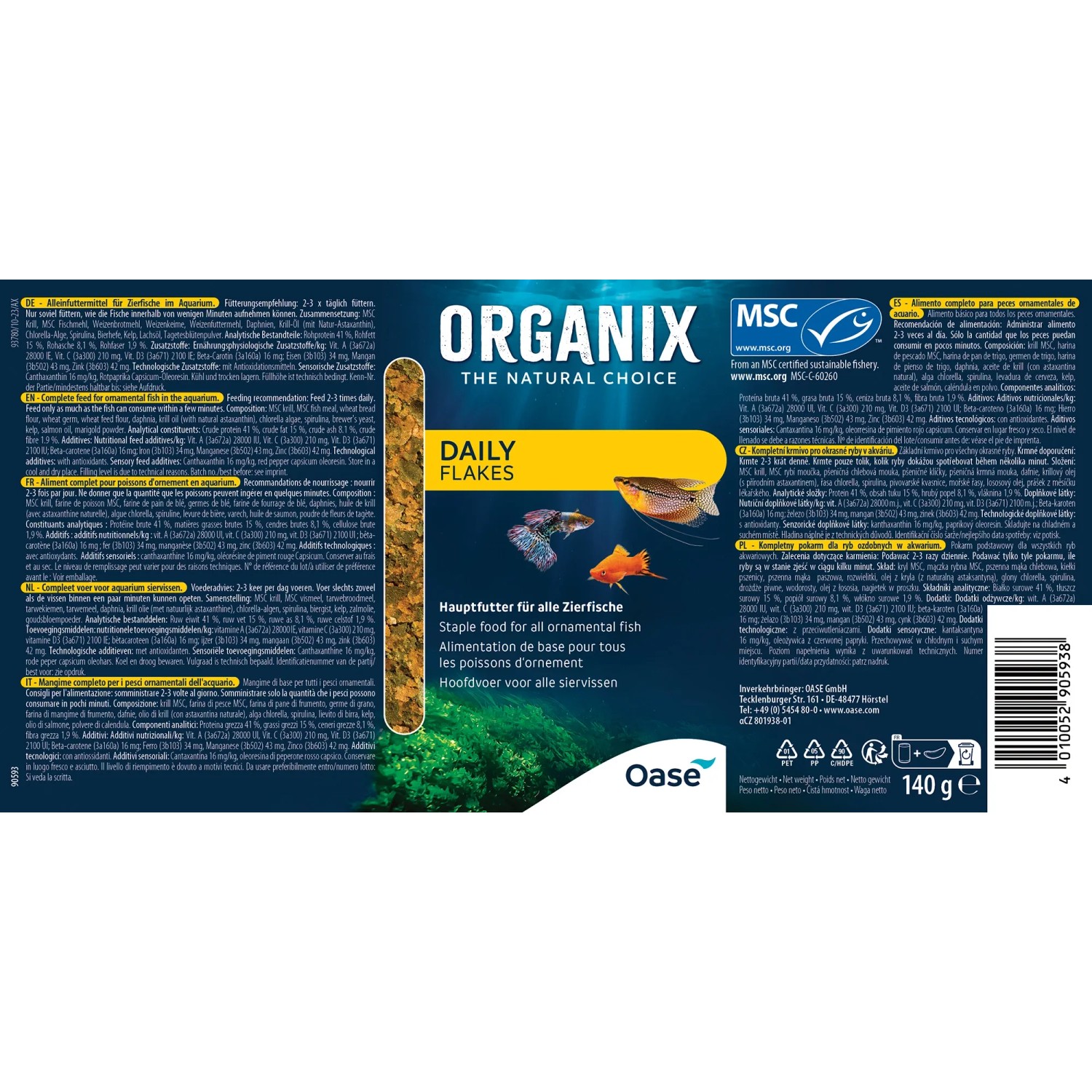 Oase Organix Daily Flakes Fischfutter, Hauptfutter für Zierfische im 1.000 ml Behälter.