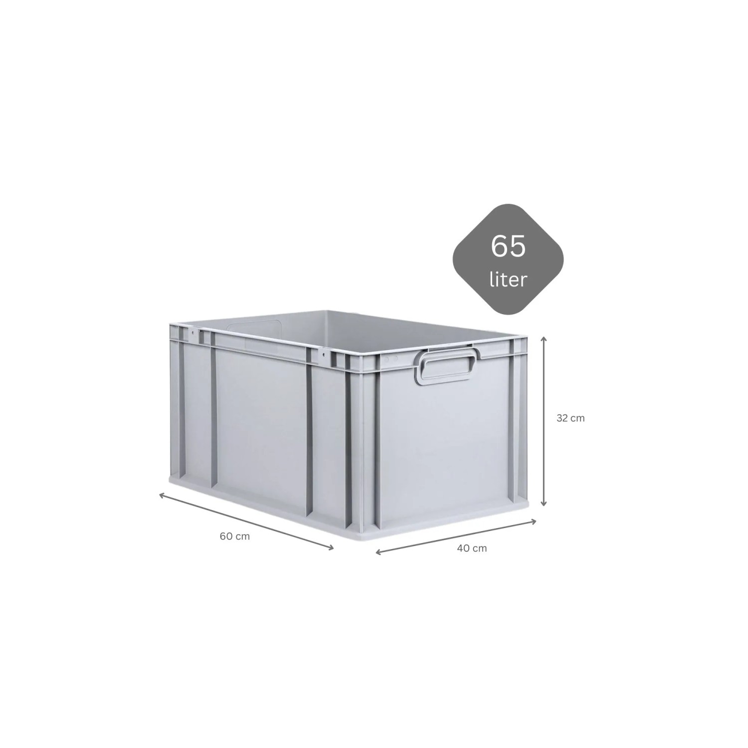 Graue PROREGAL Eurobox NextGen, 65 Liter, mit Griffmulden und Maßangaben.