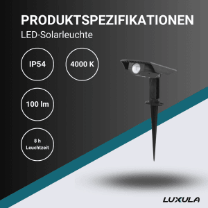 Schwarzer LUXULA LED Solar Gartenstrahler mit Erdspieß, 100 Lumen, neutralweißes Licht.