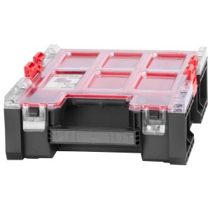PROREGAL QBRICK Sortimentskasten One M Plus, Werkzeugkoffer mit transparentem Deckel und schwarzen Elementen.