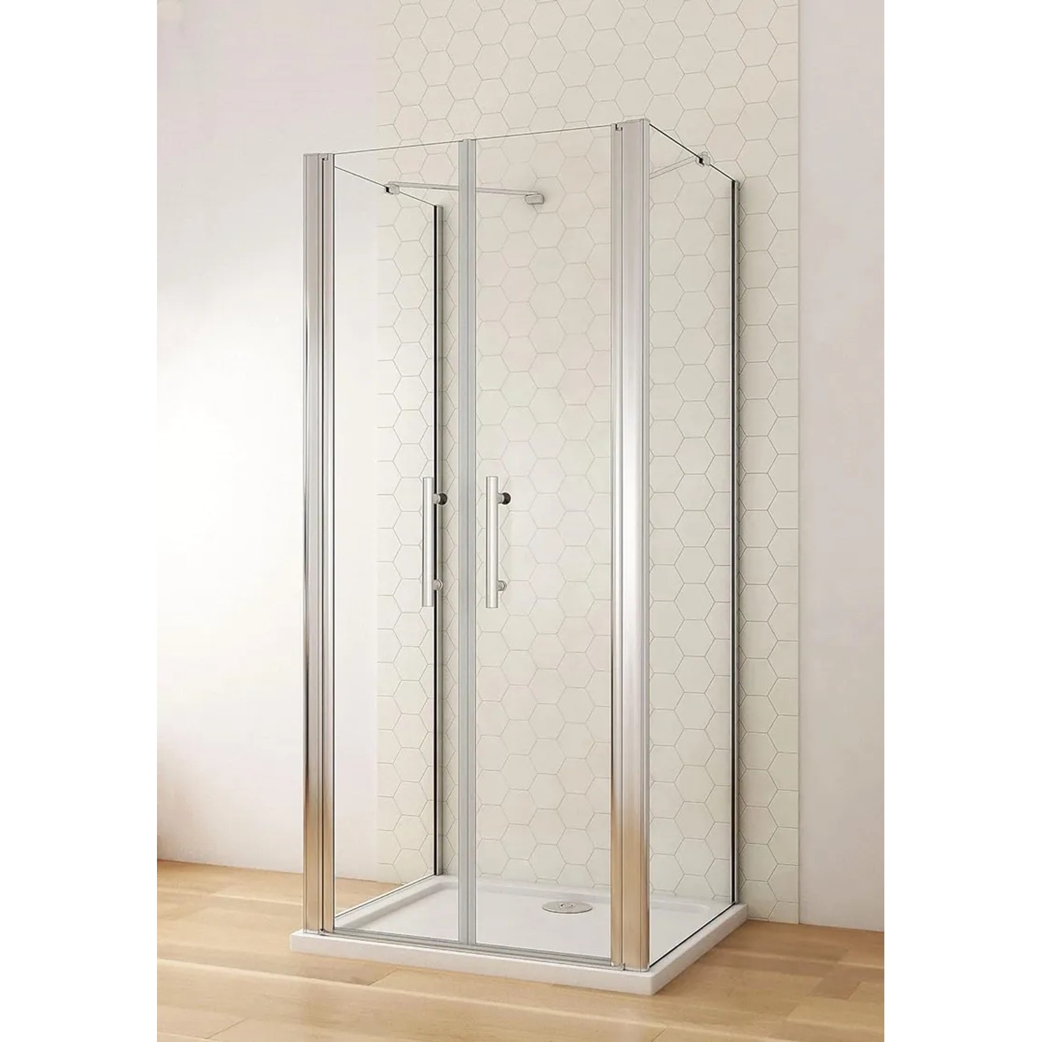 U-Duschkabine 90x75x90cm mit Doppeltür, 6mm NANO Glas und verchromtem Rahmen.