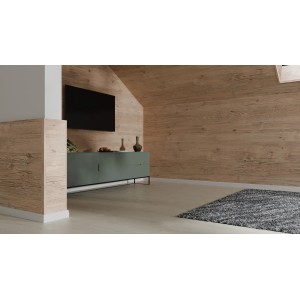 Wohnraum mit Egger Decowall Wandpaneelen in Fichteoptik und passender Abdeckleiste.