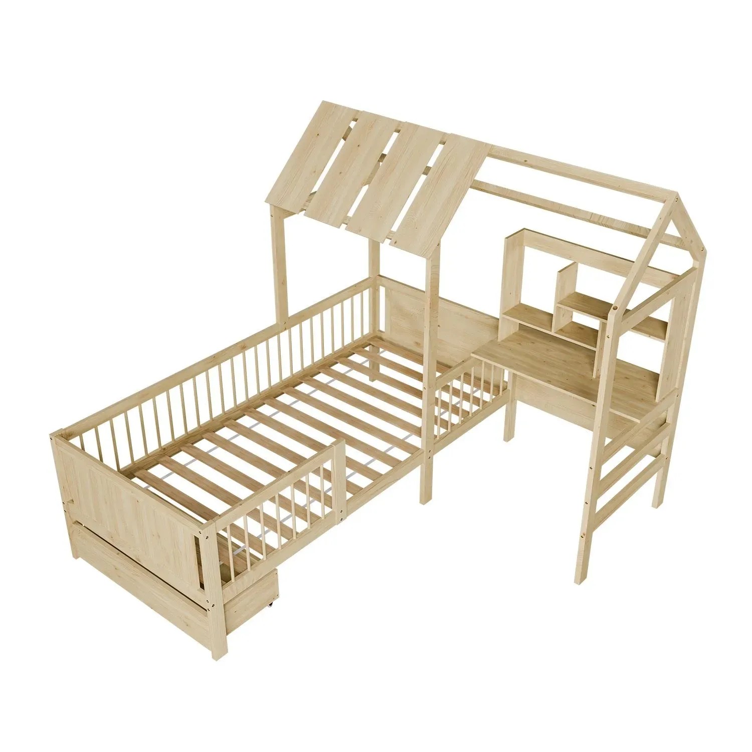 Juskys Kinderbett Yari 90x200 cm Natur mit integriertem Schreibtisch und Schublade.