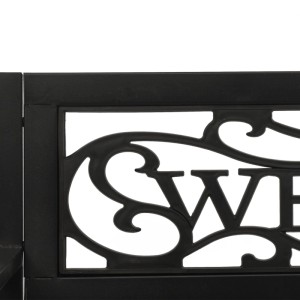 Detailansicht der schwarzen Hollywoodschaukel mit "Welcome" Schriftzug im Rückenteil.