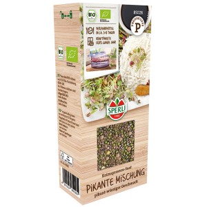 Sperli Bio Keimsprossen-Saat Pikante Mischung, Packung mit Mungbohnen, Rettich, Linsen und Senf.
