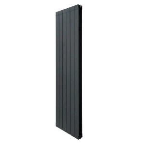 Moderner, matter schwarzer Paneelheizkörper aus Carbonstahl, 180x56cm. Vertikale Lamellen, schlankes Design.