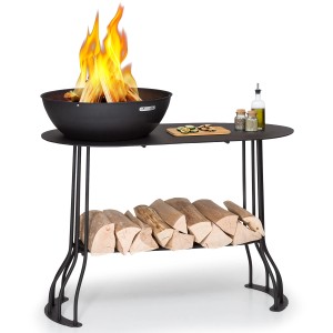Schwarze Blumfeldt Nantai Grillstation mit Feuerschale, Grillrost, Tisch und Holzspeicher.