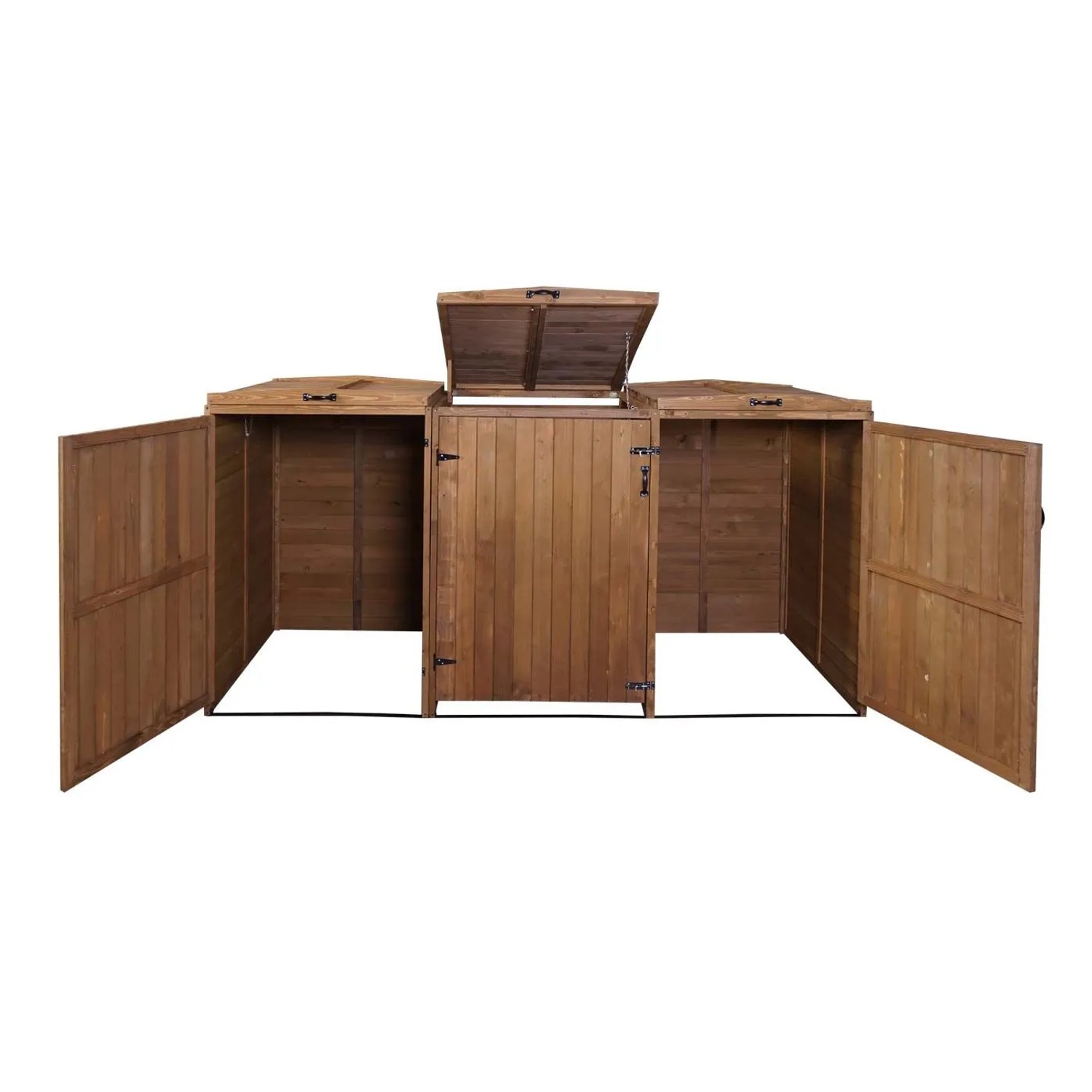 Braune Proregal XL Mülltonnenverkleidung für 3 Tonnen, aus Holz mit geöffneten Türen und Deckel.