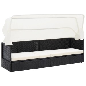 Schwarzes Gartensofa mit Sonnendach aus Poly Rattan. Bequeme Sonnenliege für Garten, Terrasse oder Pool.