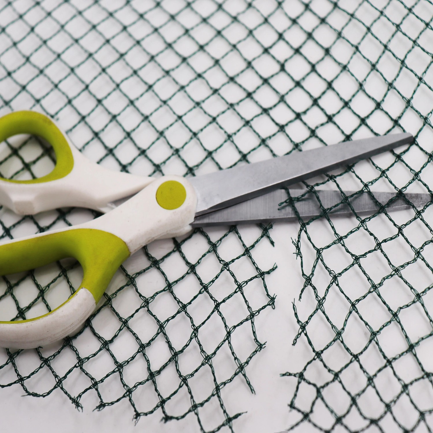 Dunkelgrünes Aquagart Teichnetz (4x12m) wird mit einer Schere zugeschnitten.