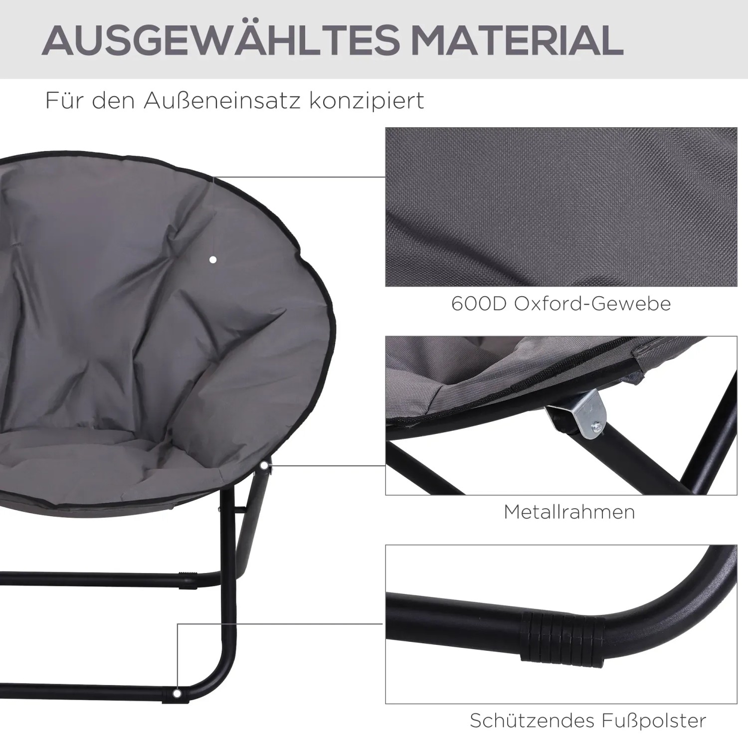 Detailansicht Outsunny Campingstuhl, grau, mit Metallrahmen und Oxford-Gewebe.
