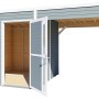 Hellgraues Bertilo Holz-Gartenhaus Cubus 2 Lounge mit offenstehender Doppeltür und kleinem Fenster.