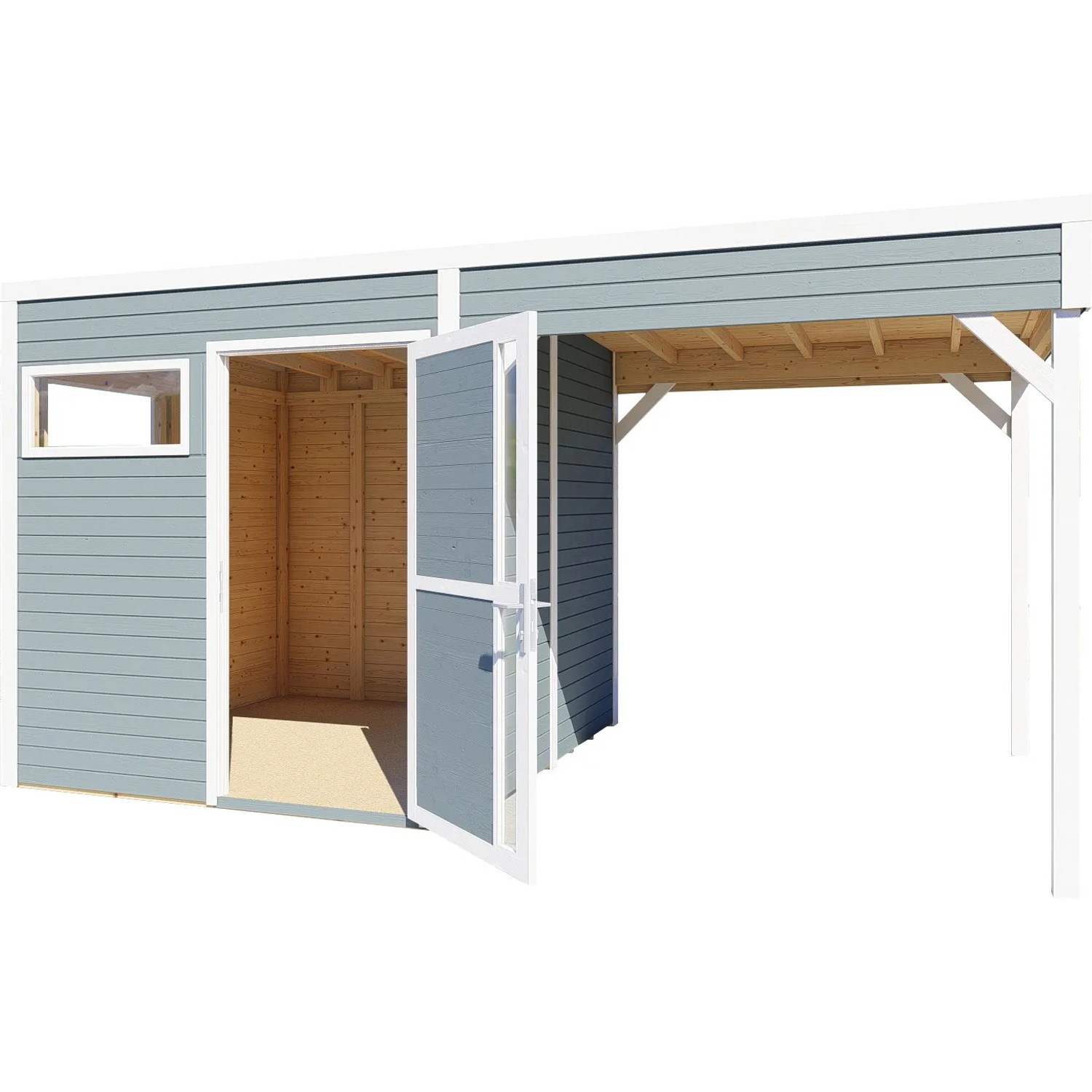 Hellgraues Bertilo Holz-Gartenhaus Cubus 2 Lounge mit offenstehender Doppeltür und kleinem Fenster.