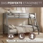 Graues Etagenbett aus Kiefernholz mit Leiter, Sicherheitsumrandung und abgerundeten Kanten. Oben 90x200, unten 140x200 cm.