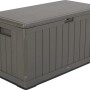 Dunkelbraune Lifetime Gartenbox (128x64x67 cm) zur Aufbewahrung, auch als Sitzbank nutzbar.