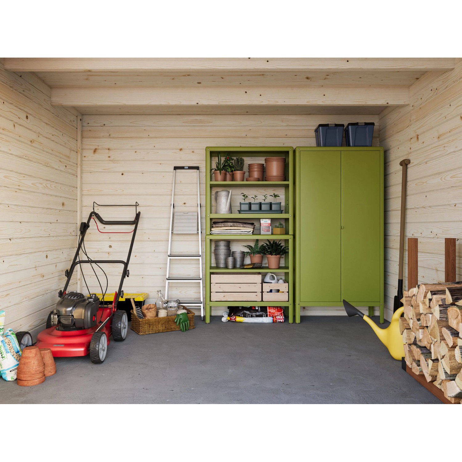 Innenansicht Palmako Ella Holz-Gartenhaus (610x300cm) mit Gartengeräten und Regalen.