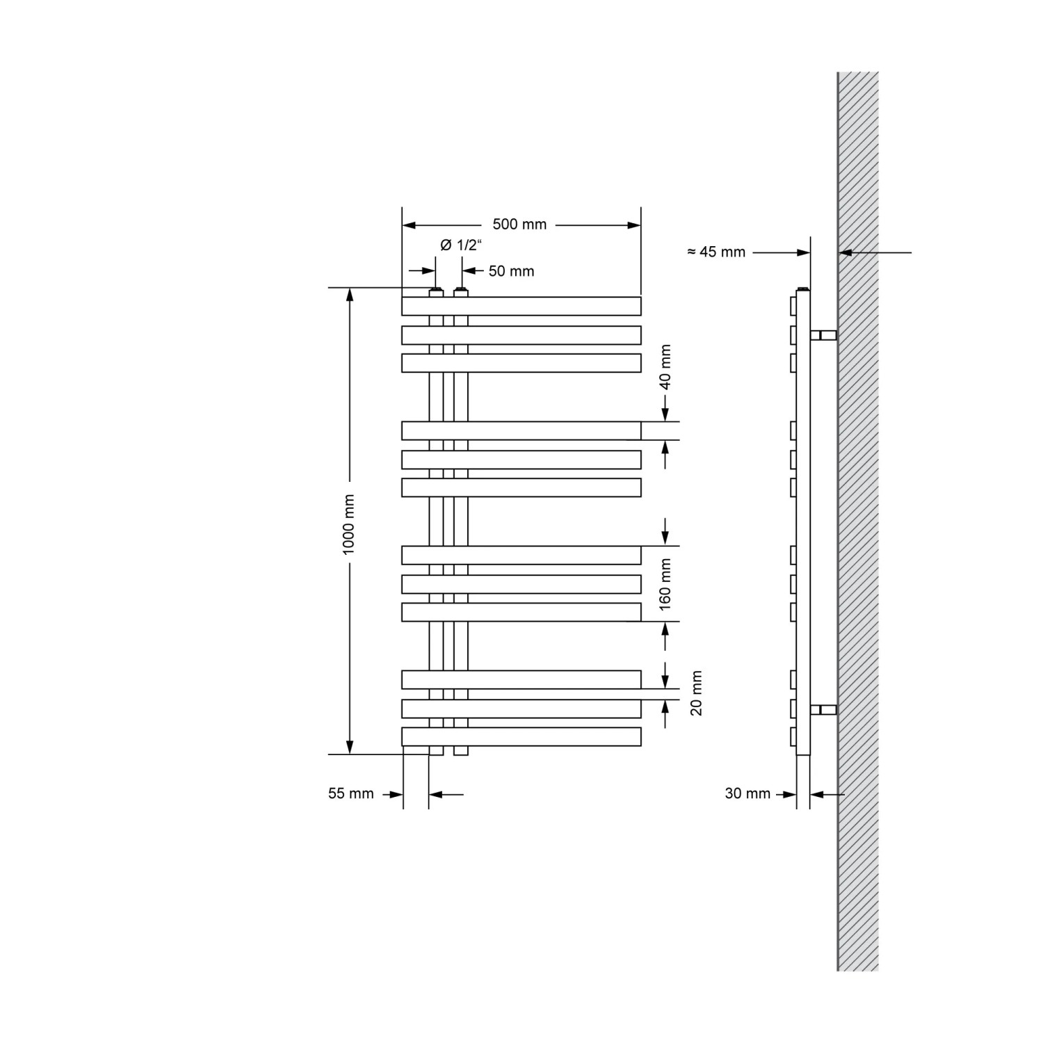 Technische Zeichnung: LuxeBath Iron EM Design Badheizkörper, 500x1000mm, Chrom Paneelheizkörper.