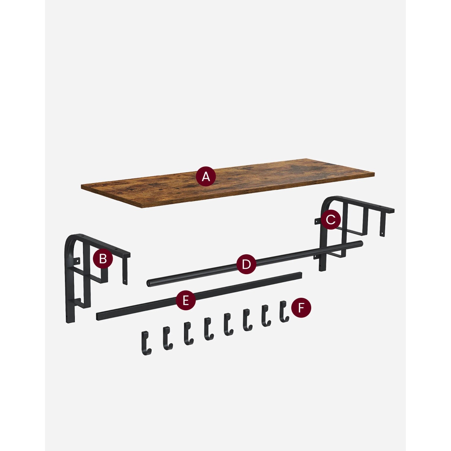 Songmics Wandgarderobe Barnet-old, braun-schwarz, mit Ablage, Kleiderstange und 5 Haken.