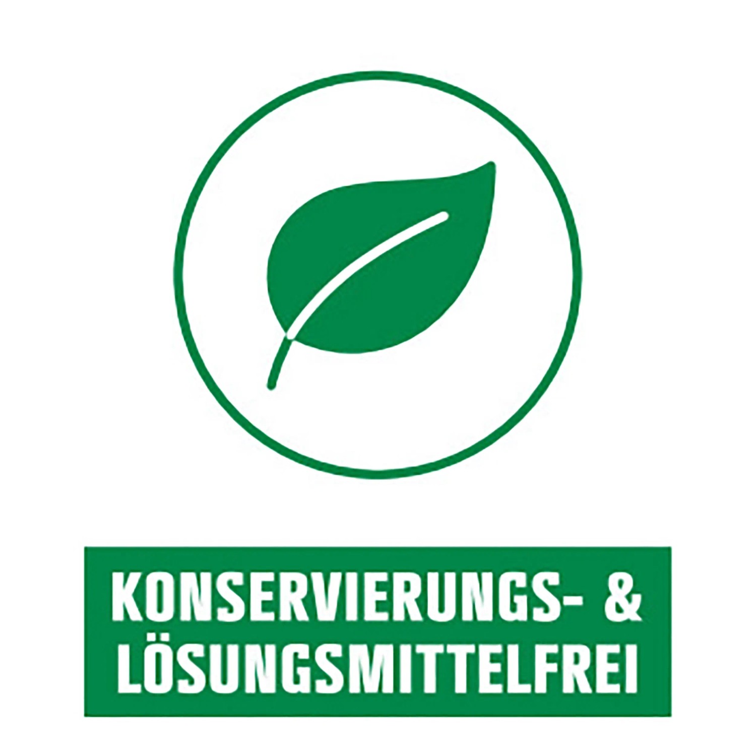 Symbol: Wandfarbe ohne Konservierungs- und Lösungsmittel, mit grünem Blatt im Kreis.