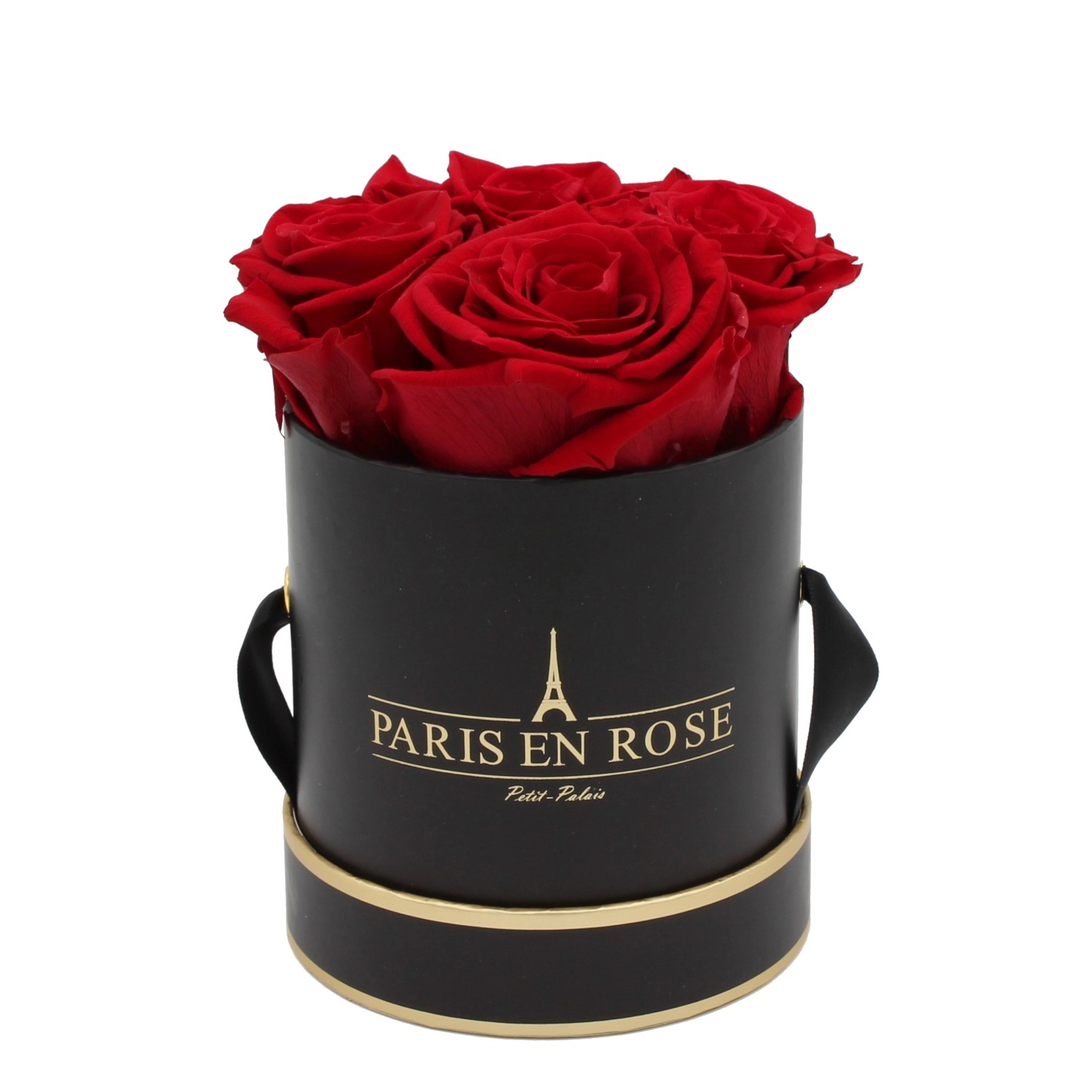 Rosenbox Ø 10 cm Schwarz-Gold mit 4 Bordeaux Rosen