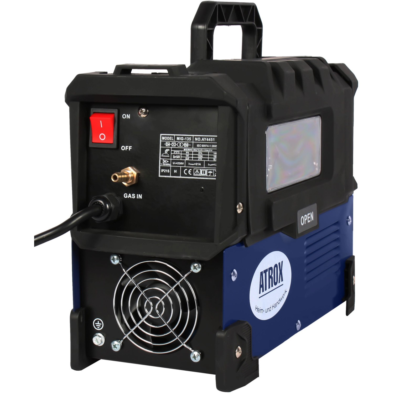 Atrox Mini-MIG 140 Schweißgerät 5in1, blau-schwarz, mit Tragegriff.