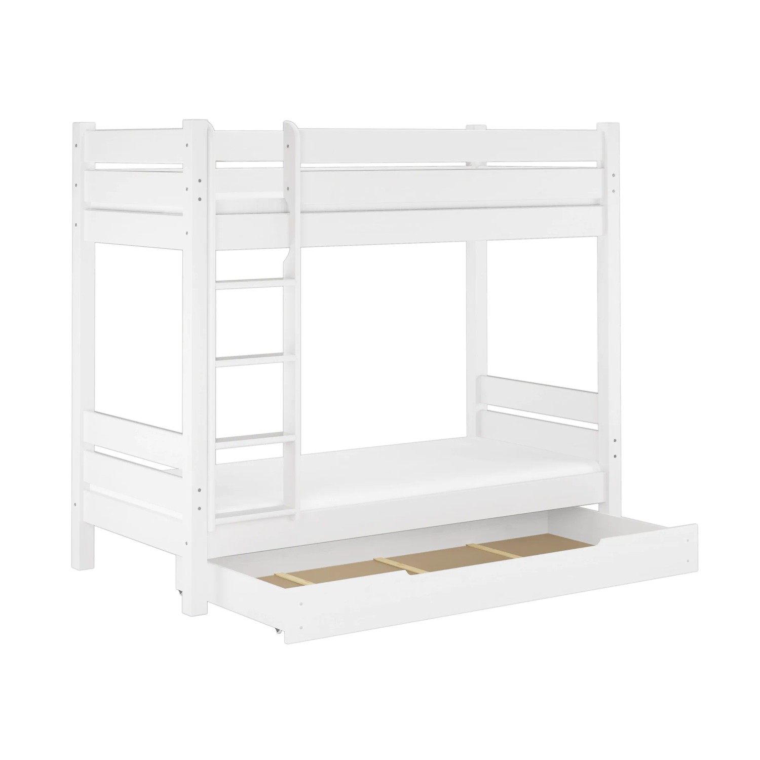 Weißes Etagenbett aus Kiefernholz mit Gästebettkasten, Leiter und Rollrost.
