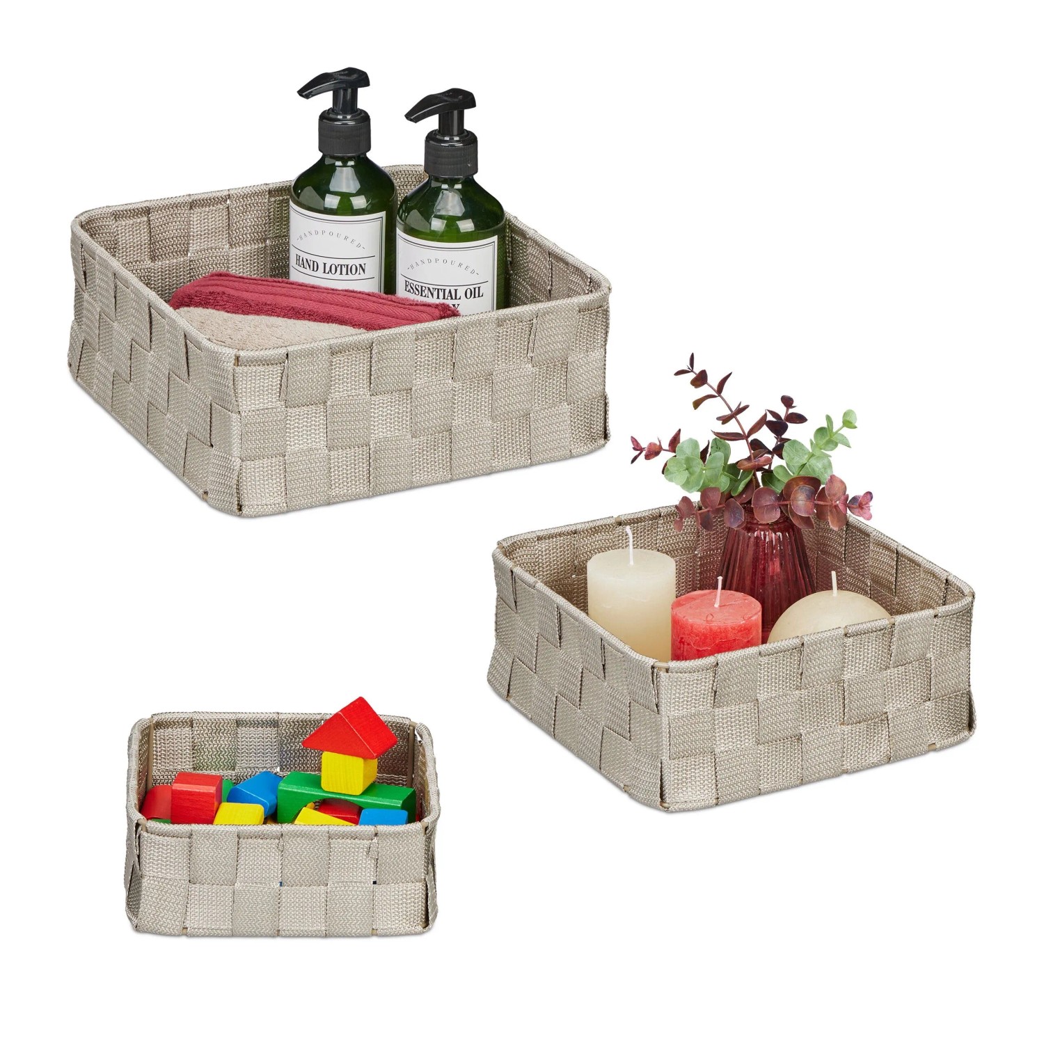 Relaxdays Aufbewahrungskorb 3er Set Kunststoff Eisen Grau 24 cm x 24 cm x 9,5 cm