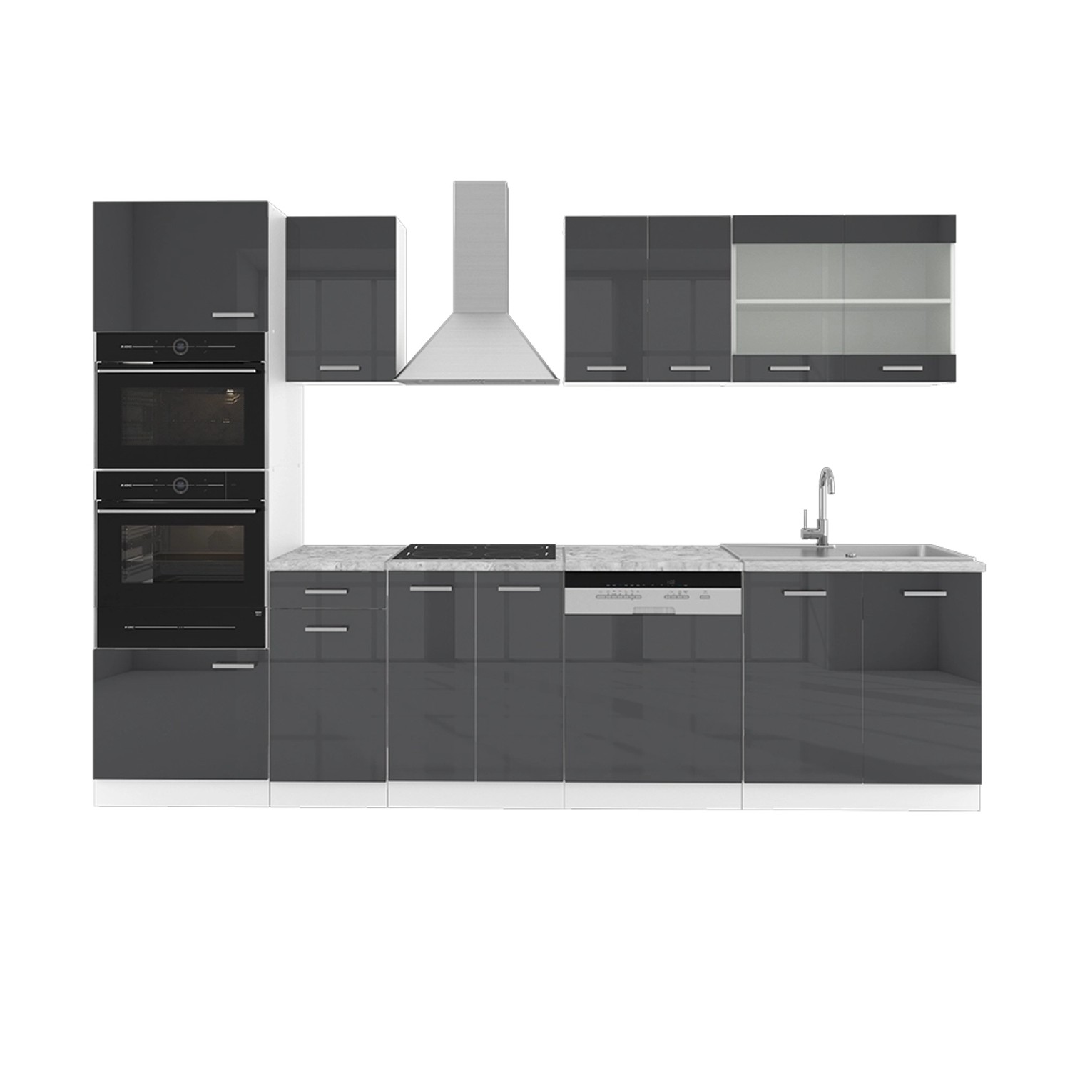 Vicco R-Line Küchenzeile Anthrazit Hochglanz/Weiß 300 cm mit Hochschrankohn günstig online kaufen