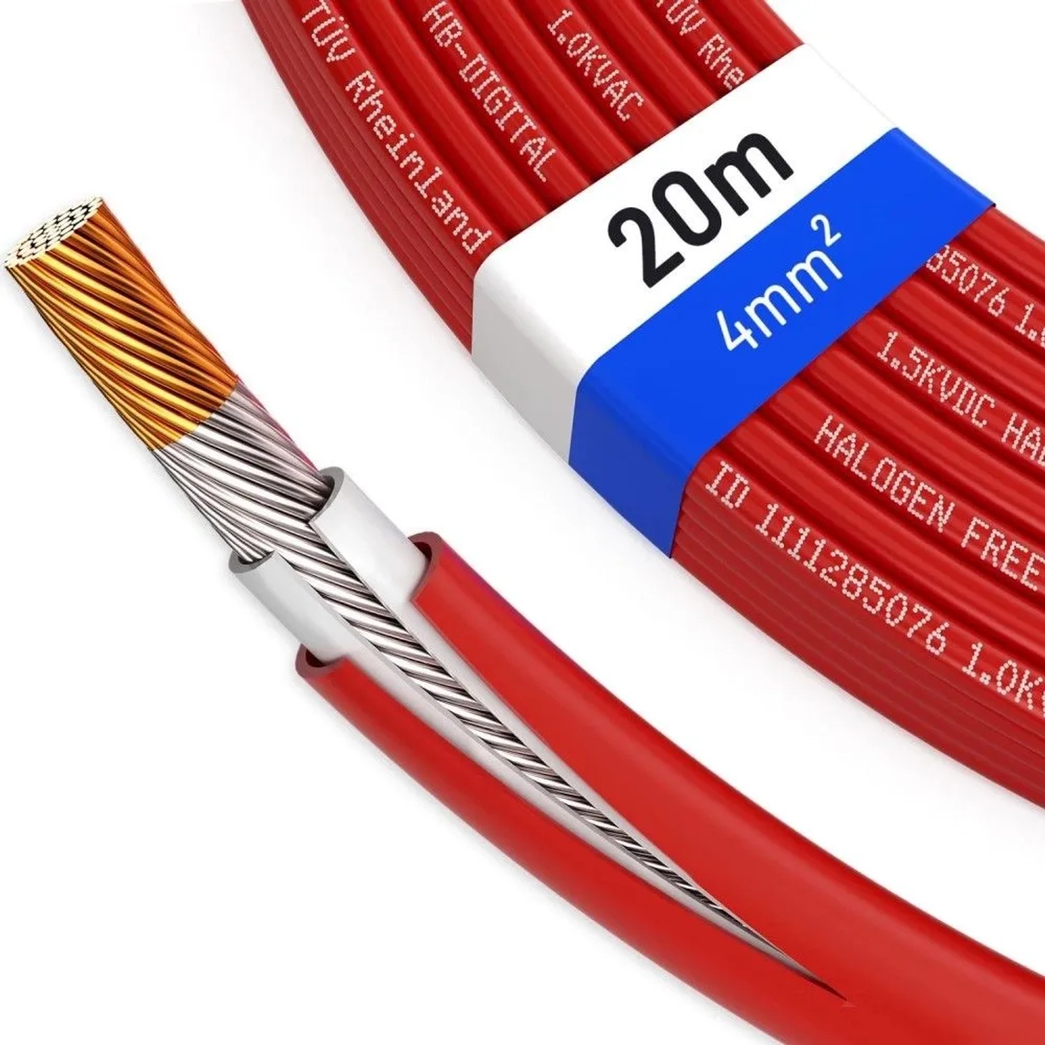 Rotes hb-digital Solarkabel 4 mm² H1Z2Z2-K, 20m lang, mit abisoliertem verzinntem Kupferleiter für PV Anlagen. TÜV zertifiziert.