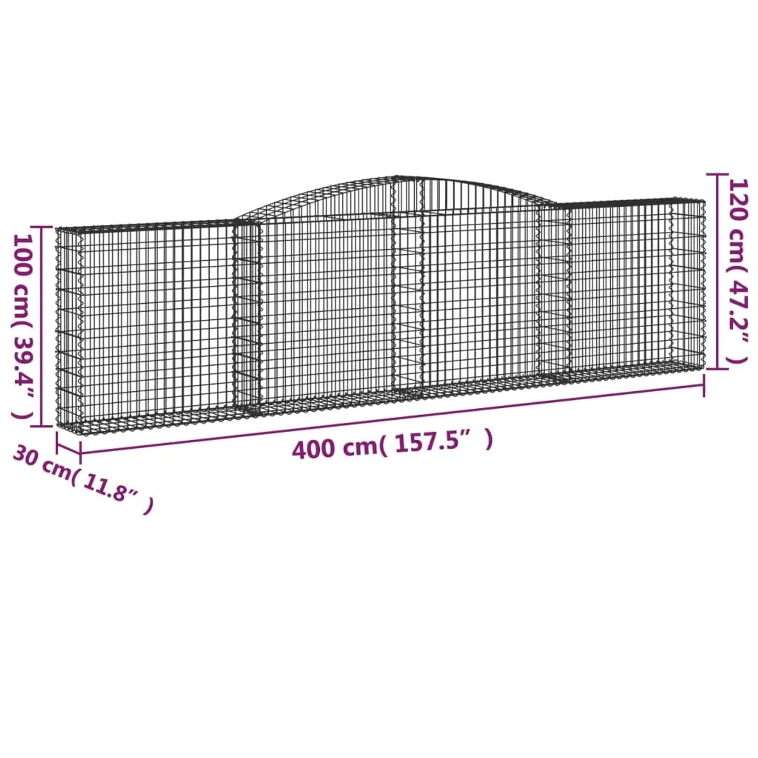vidaXL Gabionen Hochbeet, 9er Set, 400x30x100/120cm, Eisen, zur dekorativen Gartengestaltung.