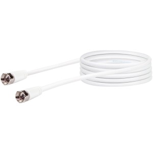 Weißes Schwaiger SAT-Verbindungskabel RG6-U, 3 m, mit F-Steckern für Antennenanschluss.