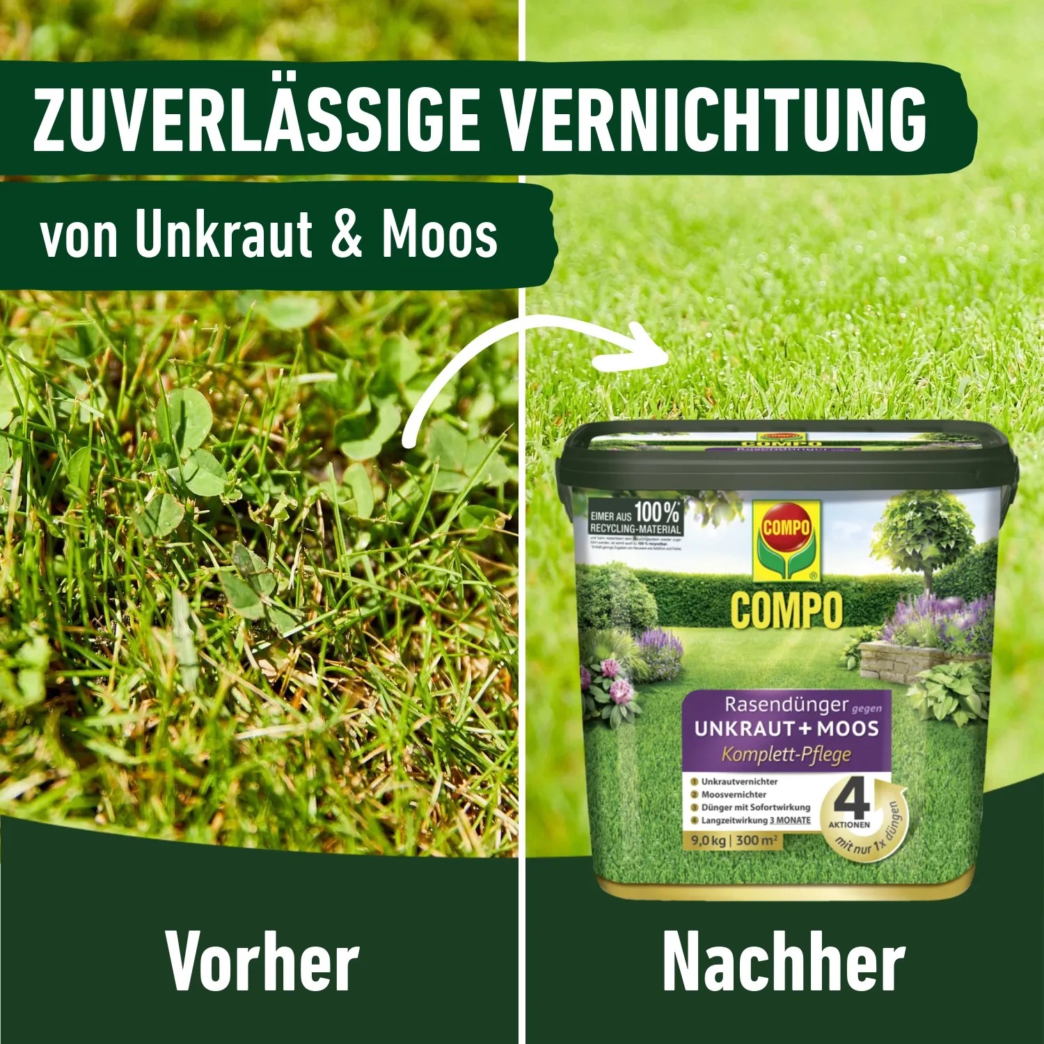 Compo Rasendünger 4in1: Vorher/Nachher-Vergleich von Rasen mit/ohne Unkraut und Moos. 9kg für 300m².