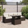 Braune 5-tlg. vidaXL Garten-Sofagarnitur aus Polyrattan mit Tisch und cremeweißen Kissen.