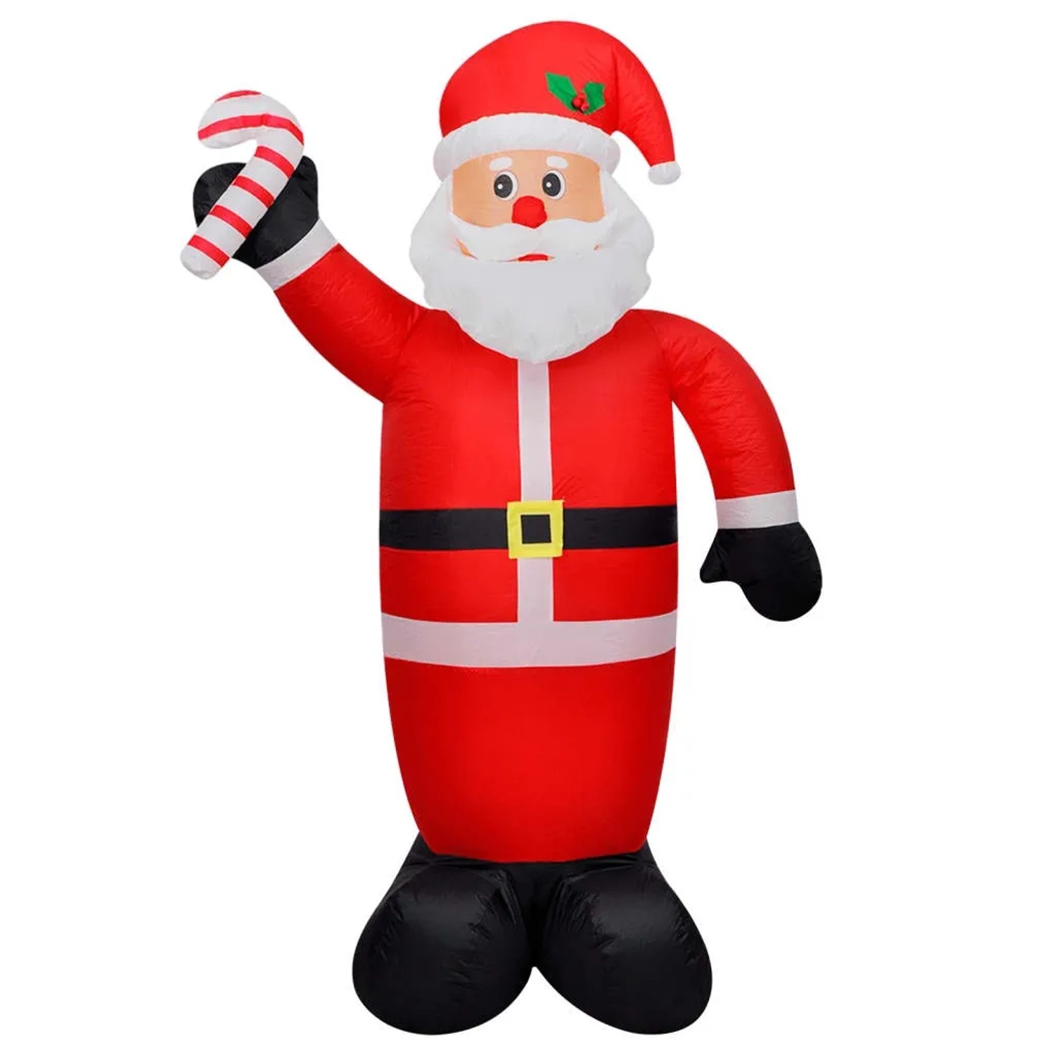 Aufblasbarer Weihnachtsmann 120 cm in rotem Anzug, mit weißem Bart, Mütze und Zuckerstange. Außen-Weihnachtsfigur mit LED.