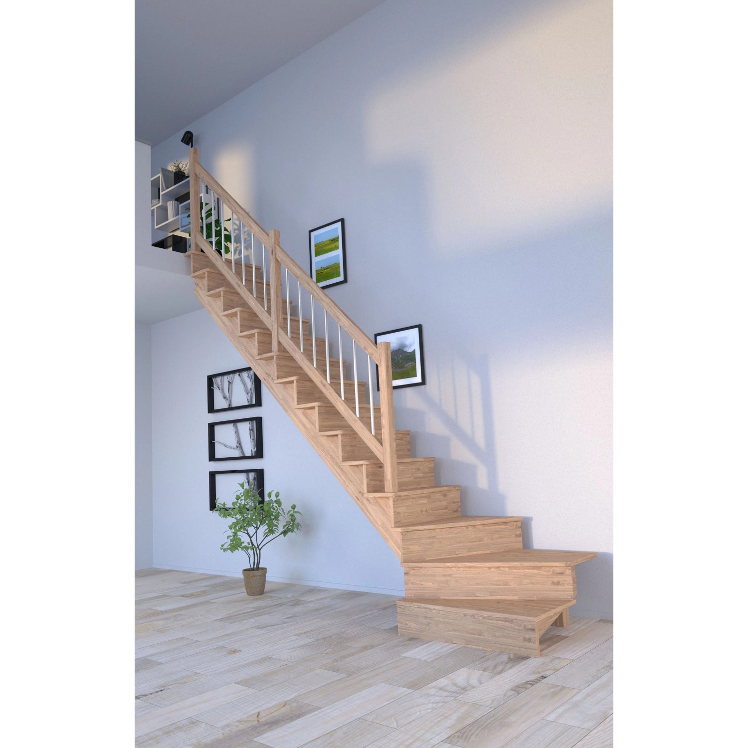 Gewendelte Lindos Pro Eiche Treppe mit Holz-Edelstahl-Geländer und Setzstufen im modernen Wohnraum.