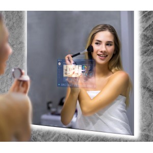 Frau schminkt sich vor Smart LED-Spiegel (60x80 cm) mit Display.