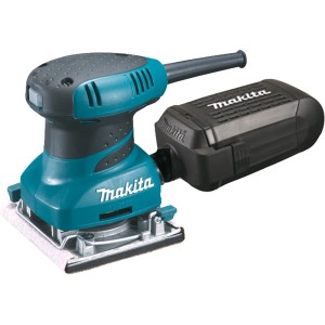 Makita BO4558J Faust-Schwingschleifer in Türkis und Schwarz mit Staubbox.