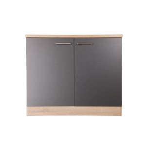 Respekta Spülenunterschrank Merle, 100 cm, grau mit Arbeitsplatte in Holzoptik.