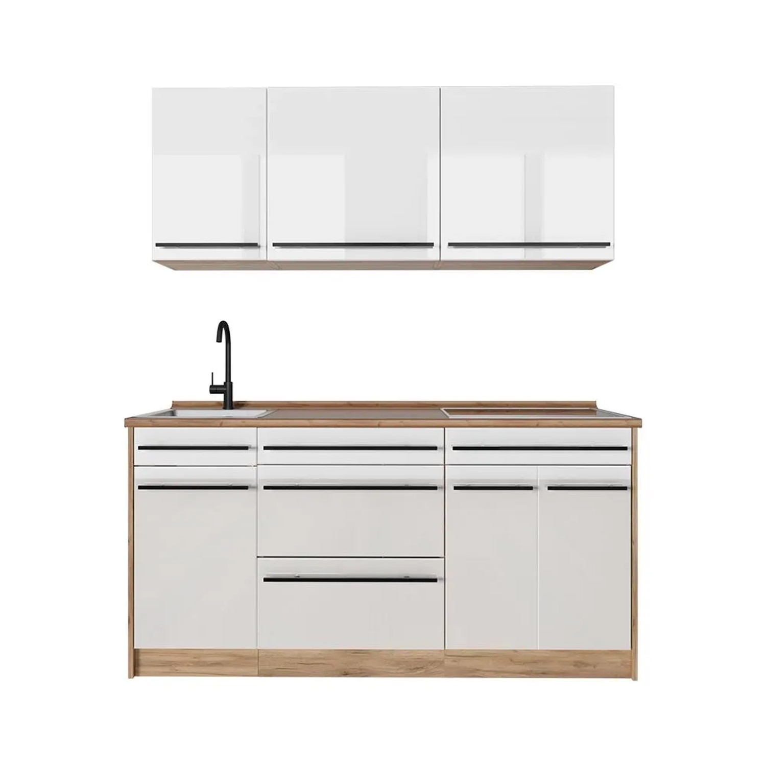 Vicco Singleküche R-Line Weiß Hochglanz/Goldkraft Eiche 160 x 82 Arbeitsplatte Goldkraft Eiche Art Nr 66171