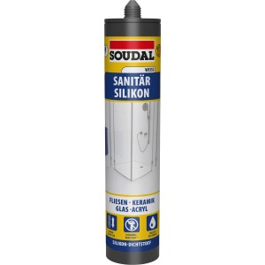 Soudal Sanitär Silikon Weiß 300 ml Kartusche für Badfugen, Dusche, Fliesen, Glas, Acryl. Schimmelresistent.